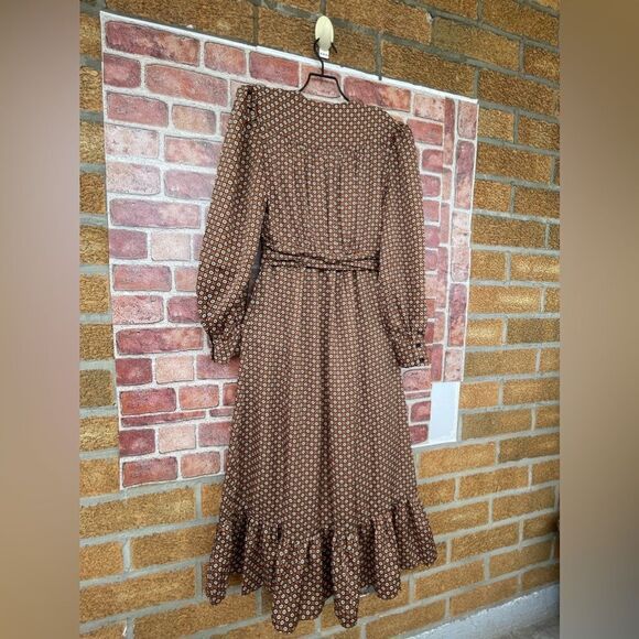 ROSEDRESS VINTAGE FLORAL PRINTED LONG SLEEVE RUFFLE WRAP MIDI DRESS - COFFEE L - Picture 15 of 17